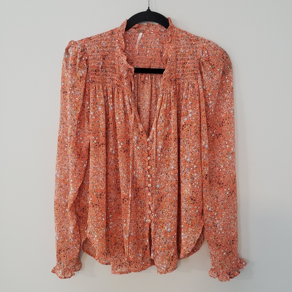 Free People Lela Flowy Boho Top SM Fairy Peasant Sheer Oversized Floral Women